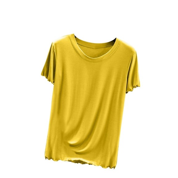 Women's Summer Clothes Comfy Casual Shirts Solid Color Short Sleeve Loose Fit Flowy Tunic Tops Fashion 2024 Round Neck Blouse Vintage Dressy Casual Tops for Lady Yellow T Shirts M