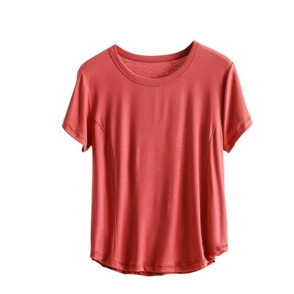Women's Summer Clothes Comfy Casual Shirts Y2K Tops Dressy Casual Fashion 2024 Solid Color Short Sleeve Tunic Tops for Lady Loose Fit Flowy Vintage Round Neck Blouse Watermelon Red T Shirts XXXL