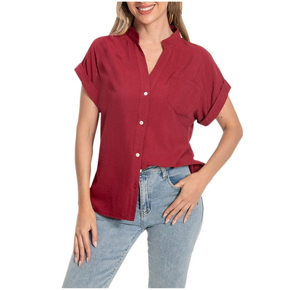 Women's Summer Clothes Comfy Casual Shirts Y2K Tops Dressy Casual Fashion 2024 Vintage V Neck Blouse Short Sleeve Tunic Tops for Lady Loose Fit Flowy Solid Color Wine T Shirts S