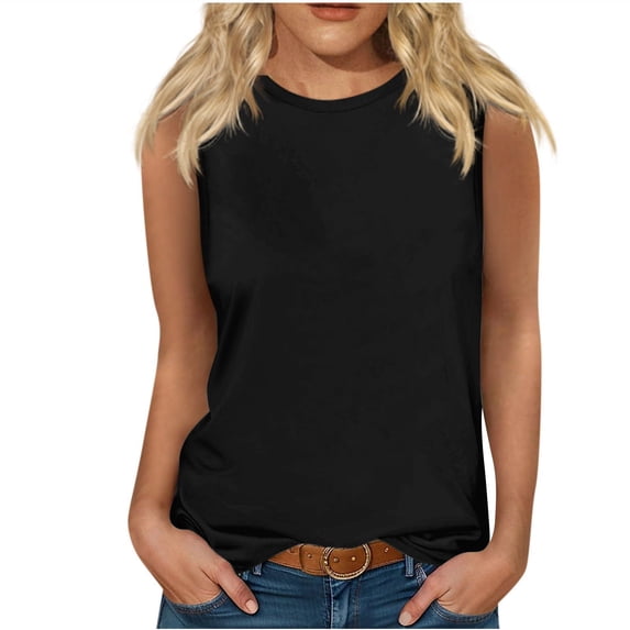 Women's Summer Clothes Elegant Going out Blouse Solid Color Tank Tops Crew Neck Fashion 2024 Sleeveless Tunic Tops for Lady Loose Fit Flowy Y2K Tops Dressy Casual Vintage Black T Shirts M