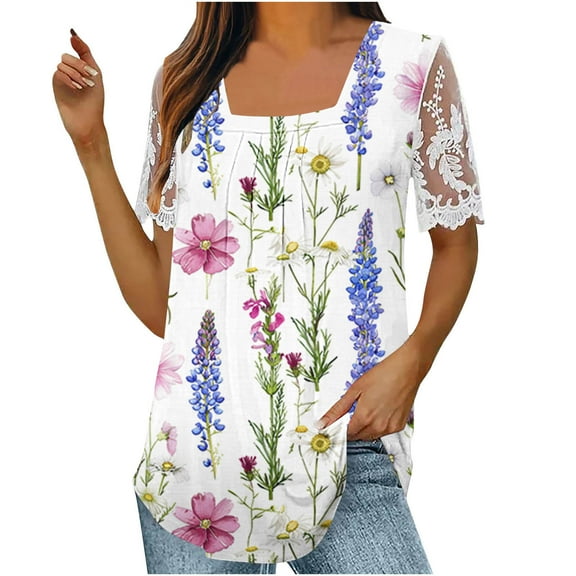 Women's Summer Clothes Flouncy Blouse to Hide the Belly Fashion 2024 Boho Flora Print Short Sleeve with Lace Stitching Pleated Flowy Shirts Dressy Tops Vintage Square Neck Tunic White T Shirts XXL