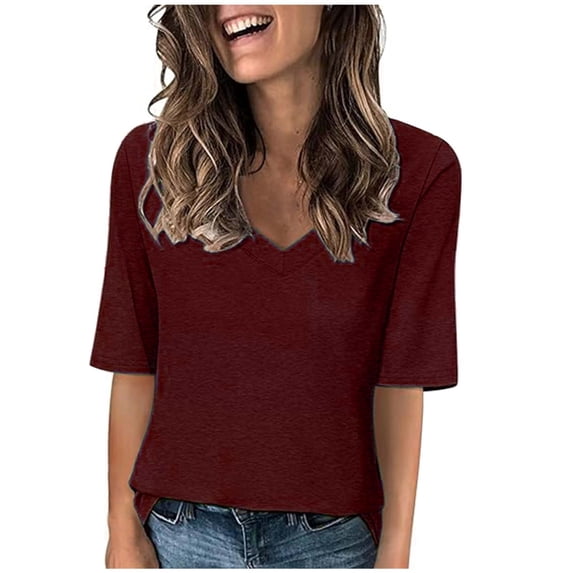 Women's Summer Clothes Long Sleeve Loose Fit Flowy Tunic Tops Dressy Casual Tops for Lady Vintage Solid Color V Neck Blouse Fashion 2024 Spring Elegant Shirts Wine T Shirts XL