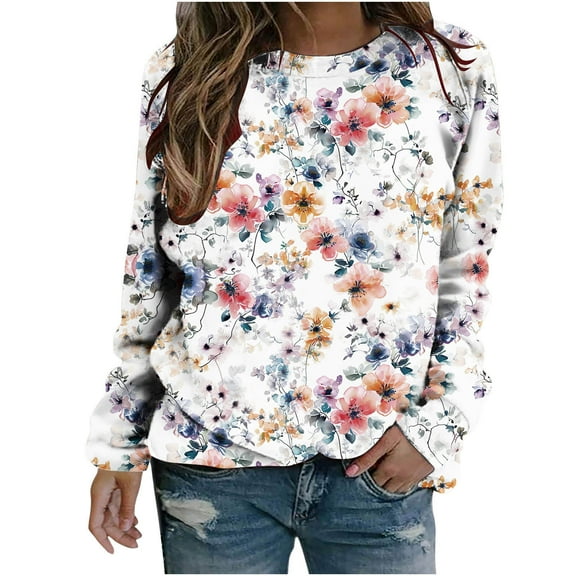 Women's Summer Clothes Long Sleeve Loose Fit Flowy Tunic Tops Vintage Fashion 2024 Floal Printing Dressy Casual Tops for Lady Spring Elegant Shirts Round Neck Blouse Multicolor T Shirts S