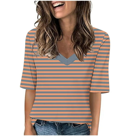 Women's Summer Clothes Long Sleeve Tunic Tops for Lady Loose Fit Flowy Y2K Tops Dressy Casual Spring Elegant Shirts Vintage V Neck Blouse Fashion 2024 Striped Beige T Shirts XL