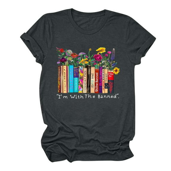 Women's Summer Clothes Short Sleeve Loose Fit Flowy Tunic Tops Vintage Flora Book Graphic Tees Fashion 2024 Dressy Casual Tops for Lady Round Neck Blouse Book Lover T shirts Dark Gray T Shirts XL