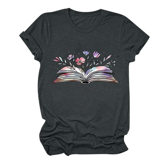 Women's Summer Clothes Short Sleeve Tunic Tops Loose Fit Flowy Vintage Flora Book Graphic Tees Y2K Tops Dressy Casual Book Lover T shirts Fashion 2024 Round Neck Blouse Dark Gray T Shirts XXL