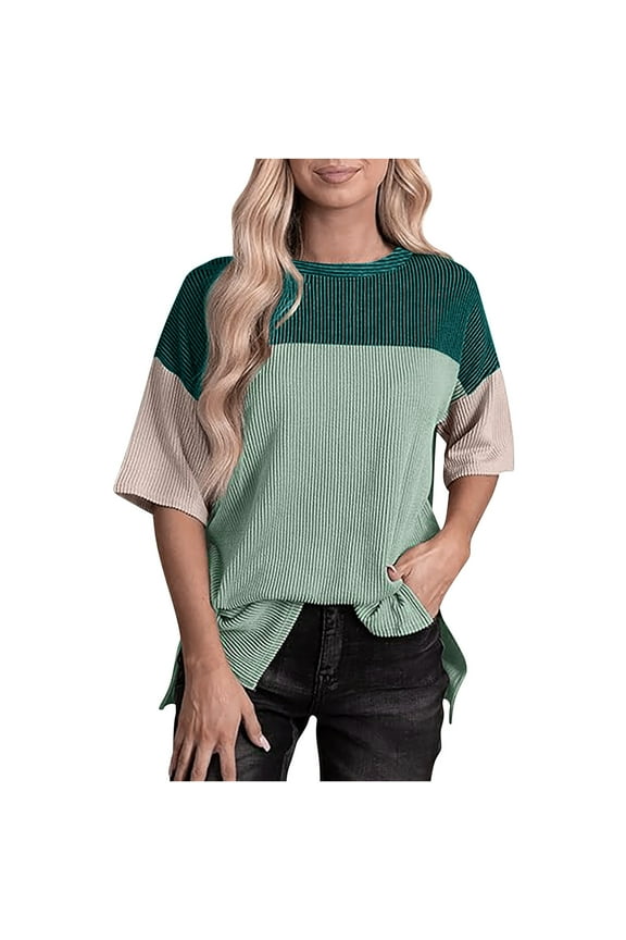 Women's Summer Clothes Side Split Oversize Tees Elbow Sleeve Ribbed Knit Fashion 2024 Screw Neck Blouse Plus Size Pleated Tops Color Block Patchwork Vintage Light Blue T Shirts S