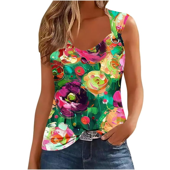 Women's Summer Clothes Sleeveless Loose Fit Flowy Tunic Tops Dressy Casual Tops for Lady Elegant Going out Blouse Vintage Fashion 2024 Flora Print Tank Tops Scoop Neck Green T Shirts M