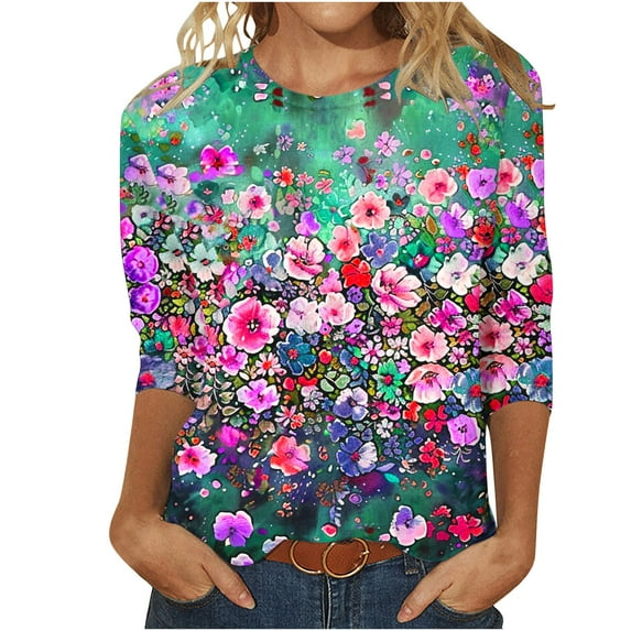 Women's Summer Clothes Spring Elegant Shirts 3/4 Sleeve Loose Fit Flowy Tunic Tops Dressy Casual Tops for Lady Vintage Round Neck Blouse Fashion 2024 Floal Printing Multicolor T Shirts L