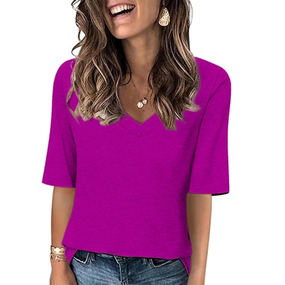 Women's Summer Clothes Spring Elegant Shirts Fashion 2024 Dressy Casual Tops for Lady Vintage Long Sleeve Loose Fit Flowy Tunic Tops Solid Color V Neck Blouse Hot Pink T Shirts XXL