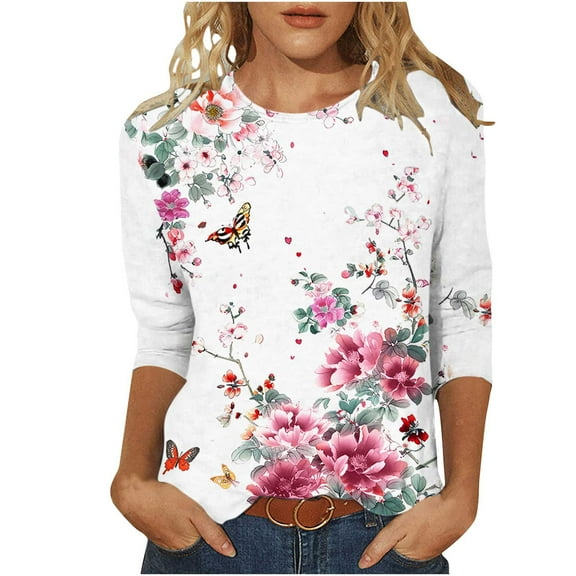 Women's Summer Clothes Spring Elegant Shirts Flora Print Round Neck Blouse Vintage 3/4 Sleeve Loose Fit Flowy Tunic Tops Fashion 2024 Dressy Casual Tops for Lady Multicolor T Shirts L