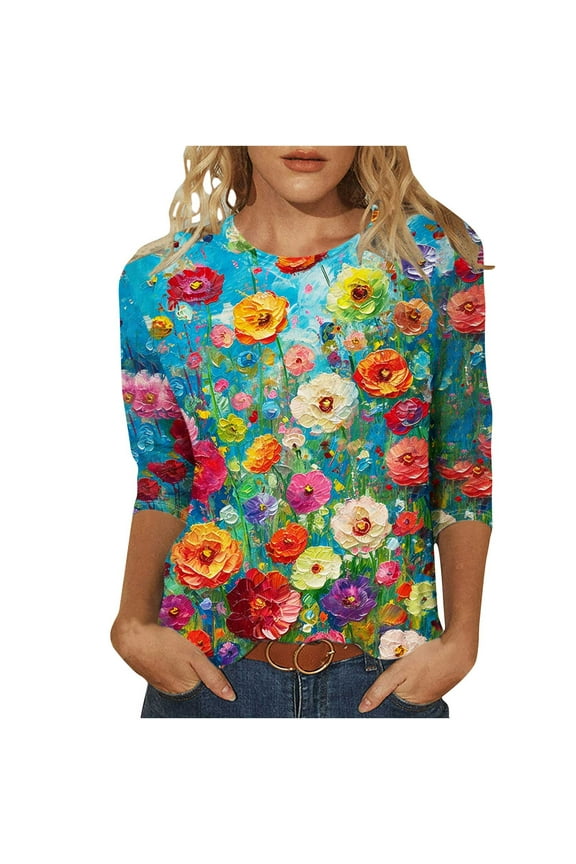 Women's Summer Clothes Spring Elegant Shirts Flora Print Round Neck Blouse Vintage Y2K Tops Dressy Casual Fashion 2024 3/4 Sleeve Tunic Tops for Lady Loose Fit Flowy Multicolor T Shirts XXL