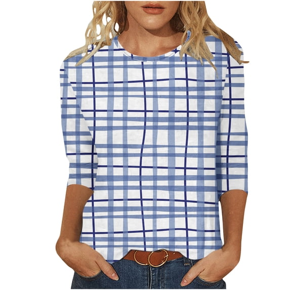 Women's Summer Clothes Spring Elegant Shirts Plaid Dressy Casual Tops for Lady Vintage Round Neck Blouse Fashion 2024 3/4 Sleeve Loose Fit Flowy Tunic Tops Blue T Shirts XXL