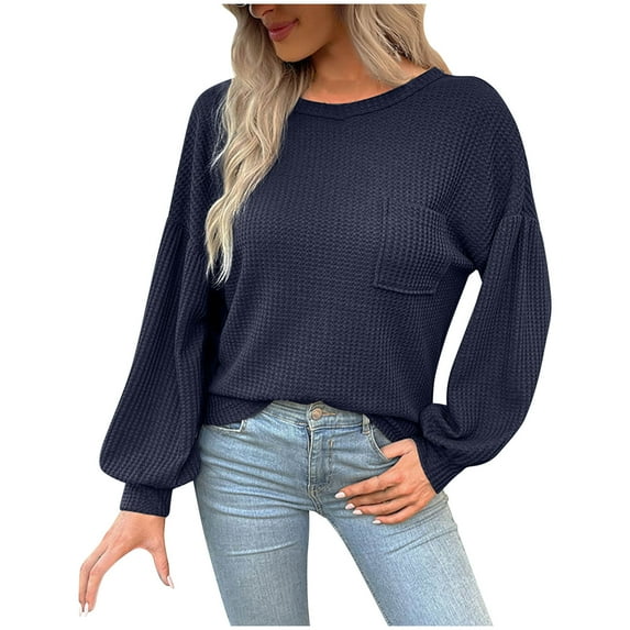 Women's Summer Clothes Spring Elegant Shirts Solid Color Round Neck Blouse Long Sleeve Loose Fit Flowy Tunic Tops Vintage Dressy Casual Tops for Lady Fashion 2024 Navy T Shirts M