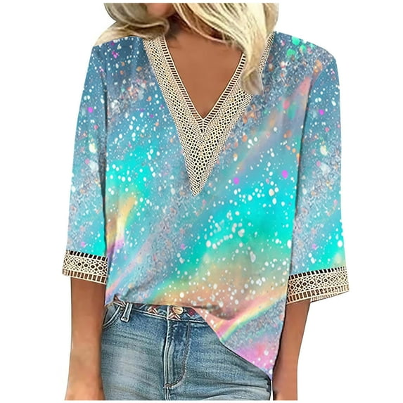 Women's Summer Clothes Spring Elegant Shirts Tie Dye Floral Print Y2K Tops Dressy Casual 3/4 Sleeve Tunic Tops Loose Fit Flowy Lace V Neck Blouse Fashion 2024 Vintage Multicolor T Shirts XXXXXL