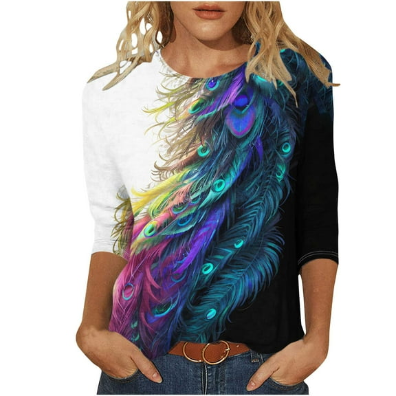 Women's Summer Clothes Spring Elegant Shirts Tie Dye Ombre Round Neck Blouse Y2K Tops Dressy Casual Vintage Fashion 2024 3/4 Sleeve Tunic Tops for Lady Loose Fit Flowy Multicolor T Shirts S