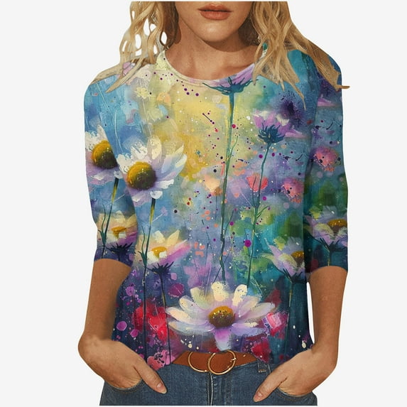 Women's Summer Clothes Spring Elegant Shirts Vintage Dressy Casual Tops 3/4 Sleeve Loose Fit Flowy Tunic Tops Fashion 2024 Gradient Floral Print Shirts Round Neck Blouse Light Blue T Shirts XXXL