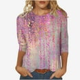 thumbnail image 1 of Women's Summer Clothes Spring Elegant Shirts Vintage Dressy Casual Tops for Lady Round Neck Blouse Fashion 2024 3/4 Sleeve Loose Fit Flowy Tunic Tops Gradient Floral Print Shirts Pink T Shirts M, 1 of 5