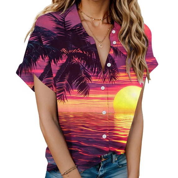 Women's Summer Clothes Sunset Print Blouse for Beach Fashion Hawaii Shirts for Travel Y2K Tops Dressy Casual Short Sleeve Tunic Tops Loose Fit Flowy Button Down Collared Vintage Purple T Shirts L