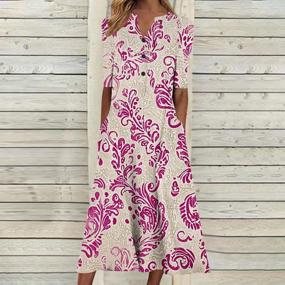 Women's Summer Clothes with Sleeve,Sriper ,V Neck Short Sleeve T Shirt Dresses with Pockets,Vestidos Beige Para Mujer,Cute Dresses,Pink S