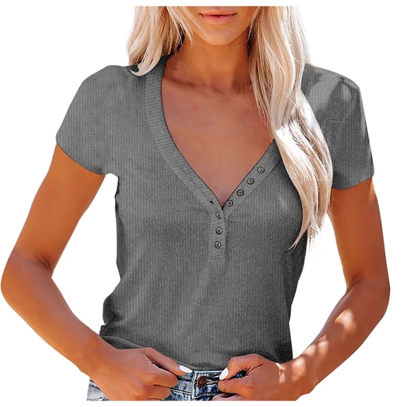 Women's Summer Clothing Casual Henley Shirts Short Sleeve V Neck Button Up Ribbed Knit Slim fitted Basic Tops Blouse Summer Clothing
