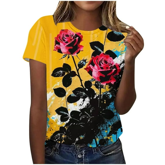 Women's Summer Clothing Top T-Shirts for Womens Fashion Spring Floral Print Shirts Loose Casual Pullover Short Sleeve Blouses Tops