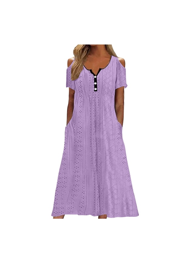 Women's Summer Cold Shoulder Dress Casual Loose Long Dress Maxi Dress Short Sleeve Off Shoulder Button Swing Sundresses Promotions