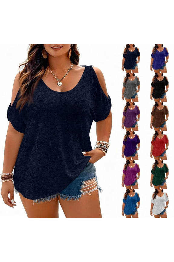 Women's Summer Cold Shoulder Plus Size T-Shirt Casual Short Sleeve Boat Neck Blouse Top Purple 3XL