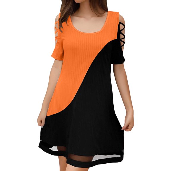 Women's Summer Cold Shoulder Short Sleeve Dress Hollow Mesh, Contrast Color Stitching, Comfortable, Versatile for Beach & Daily