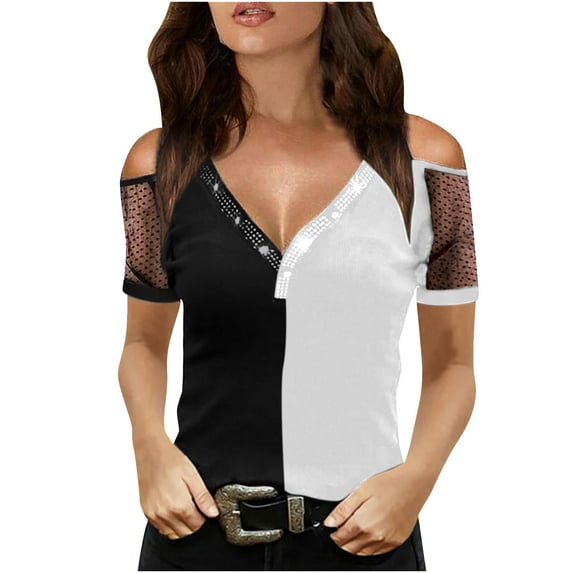 Women's Summer Cold Shoulder Tops Hot Drilling V neck Blouse Mesh Patchwork Short Sleeve T Shirts Color Block Pullover