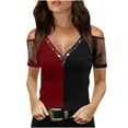 thumbnail image 1 of Women's Summer Cold Shoulder Tops Hot Drilling V neck Blouse Mesh Patchwork Short Sleeve T Shirts Color Block Pullover, 1 of 7