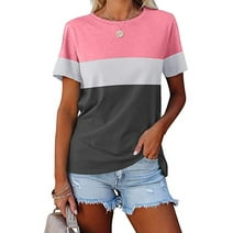 Women's Summer Color Block Short Sleeve Tunic Tops Crew Neck Casual Basic Comfy Loose Fit T-Shirts