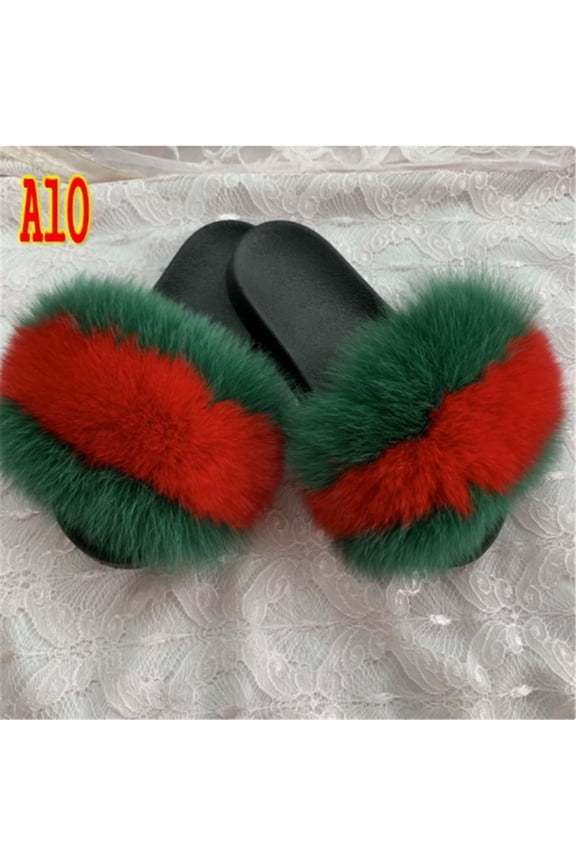Women's Summer Colorblock Faux Fur Slides – Soft Fluffy Slip-On Sandals for Indoor & Outdoor Wear, Plus Sizes Available