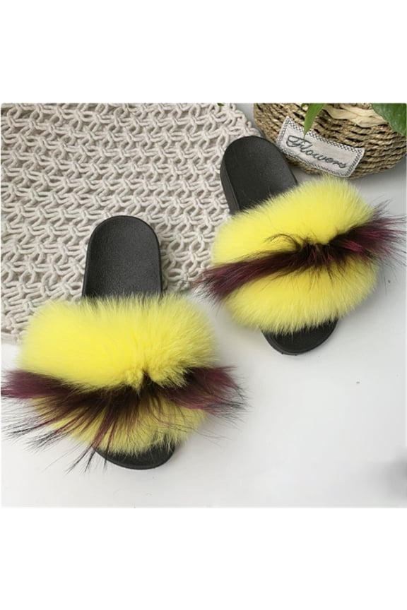 Women's Summer Colorful Faux Fur Slides – Soft Fluffy Slip-On Sandals for Indoor & Outdoor Wear, Big Size Available