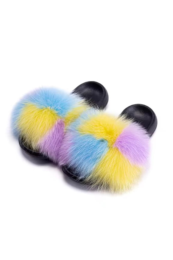 Women's Summer Colorful Fuzzy Faux Fur Slide Slippers Fluffy Amazing Sandals Outdoor Shoes Big Size