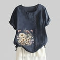thumbnail image 1 of Women's Summer Comfort Linen Round Neck Short Sleeve With Button Flower Print T Shirt Top Athletic Top Big Shirt Girls Long Sleeve Womens Neck Tops Long Sleeve T Shirt Women Soft Long Sleeve Tops for, 1 of 3