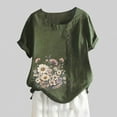 thumbnail image 1 of Women's Summer Comfort Linen Round Neck Short Sleeve With Button Flower Print T Shirt Top Athletic Top Big Shirt Girls Long Sleeve Womens Neck Tops Long Sleeve T Shirt Women Soft Long Sleeve Tops for, 1 of 3