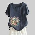 thumbnail image 1 of Women's Summer Comfort Linen Round Neck Short Sleeve With Button Flower Print T Shirt Top Women Casual Tee T Shirt Neck Women Shirt Set Women Swim Tee Long Sleeve T Shirt Tee Loose Fit Top Women, 1 of 3