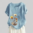 thumbnail image 1 of Women's Summer Comfort Linen Round Neck Short Sleeve With Button Flower Print T Shirt Top Womens T Shirt Tee for Women Short Sleeve Loose Fit Top Women Women T Shirts Loose Casual Shirts for Women, 1 of 3
