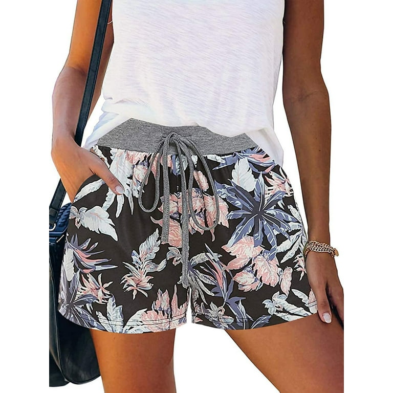 Women s Summer Comfy Floral Print Shorts Drawstring Elastic Waist