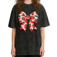thumbnail image 1 of Women's Summer Coquette Bow with Juicy Red Strawberries and Green Leaves Breathable Washed T Shirt Black S-2XL Plus Size, 1 of 5