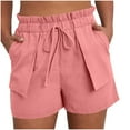 thumbnail image 1 of Women's Summer Cotton And Linen Solid Color Loose Straight Tube With Pocket Lace Drawstring Pocket Outward Turned Shorts, 1 of 7