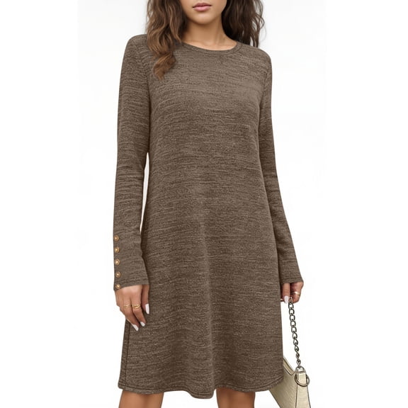 Women's Summer Cotton Dresses Plus Size Crewneck Long Sleeve A Line T Shirt Dress Oversized Loose Comfortable Tunic Vacation Mini Dress