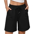 thumbnail image 1 of Women's Summer Cotton Linen Blend Solid Color Bermuda Shorts Elastic Waist Drawstring Side Pockets Casual Black, 1 of 5