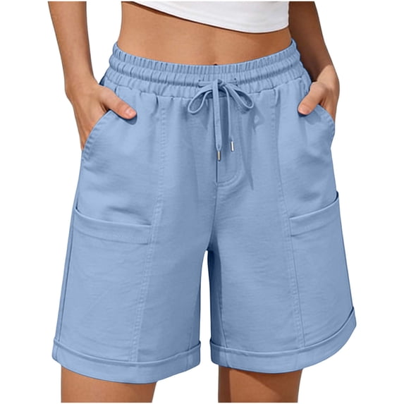 Women's Summer Cotton Linen Blend Solid Color Bermuda Shorts Elastic Waist Drawstring Side Pockets Casual Light Blue