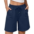 thumbnail image 1 of Women's Summer Cotton Linen Blend Solid Color Bermuda Shorts Elastic Waist Drawstring Side Pockets Casual Navy, 1 of 5