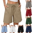 thumbnail image 1 of Women's Summer Cotton Linen Blend Solid Color Bermuda Shorts Elastic Waist Drawstring Side Pockets Casual White, 1 of 5