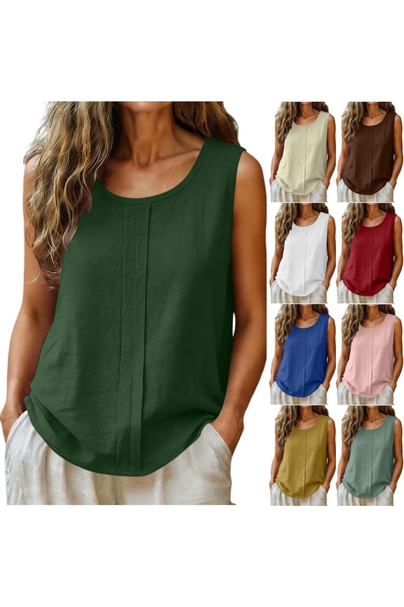 Women's Summer Cotton Linen Blend Solid Color Sleeveless Crewneck Top Pin Tuck Pleated Casual Tank Blouse Yellow