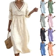 thumbnail image 1 of Women's Summer Cotton Linen Blend V Neck 3/4 Sleeve Dress Waist Sleeve Neckline Cutout Detail Casual Dress Purple, 1 of 8