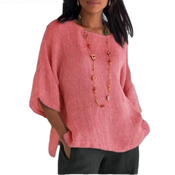 Fashion Women's Three-Quarter Sleeve Round Neck Cotton Linen Shirt Top